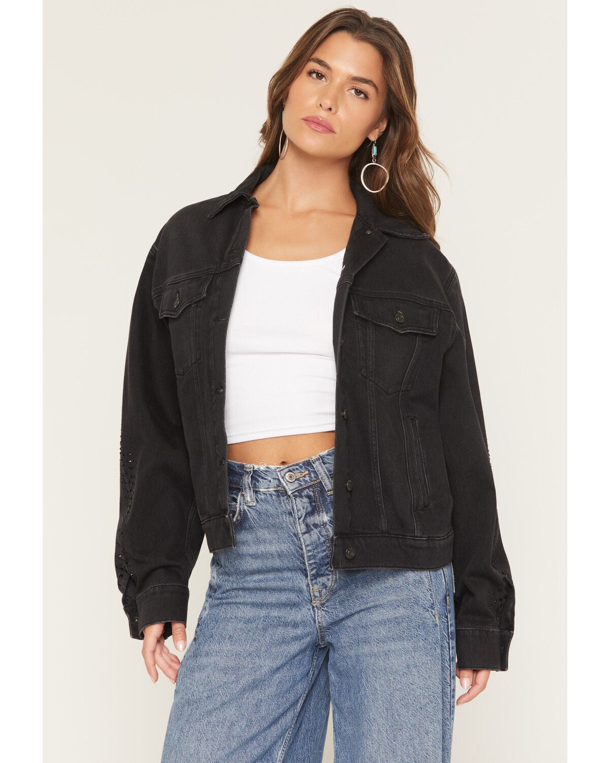 7 For All Mankind Women's Thunderstorm Twisted Crystal Denim Jacket, Black, hi-res