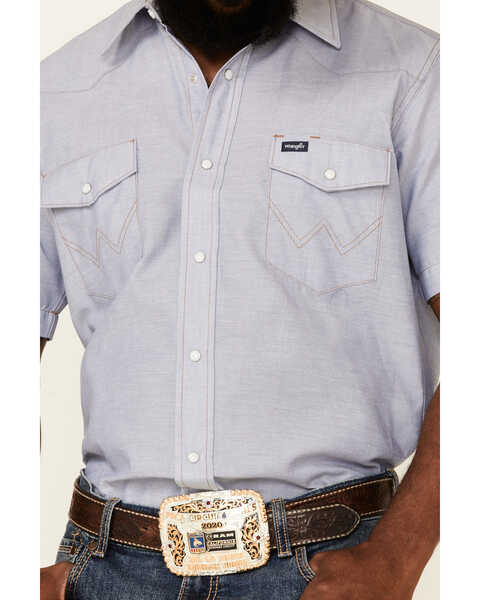 Image #3 - Wrangler Men's Chambray Rigid Cowboy Cut Short Sleeve Pearl Snap Work Shirt , Blue, hi-res