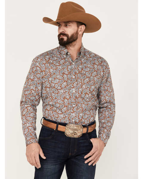 Roper Men's Amarillo Paisley Print Long Sleeve Button Down Western Shirt, Dark Orange, hi-res