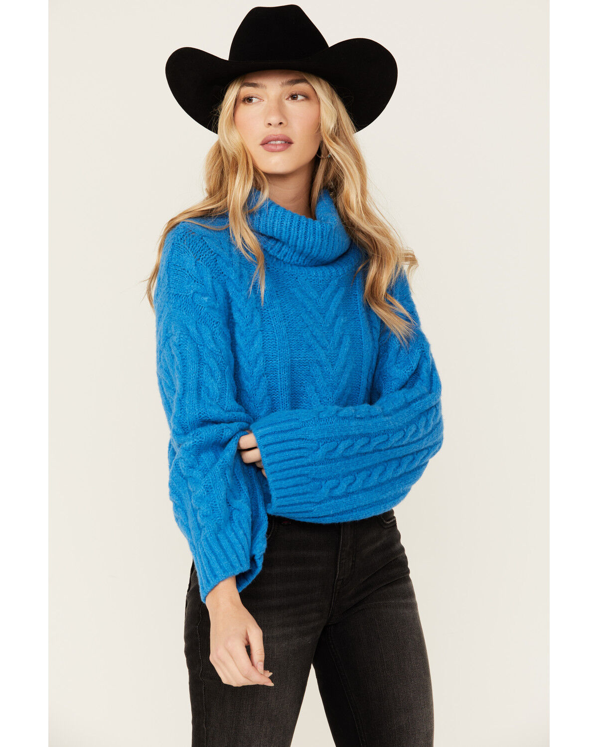 Image #2 - Revel Women's Turtleneck Cable Knit Cropped Sweater, Blue, hi-res