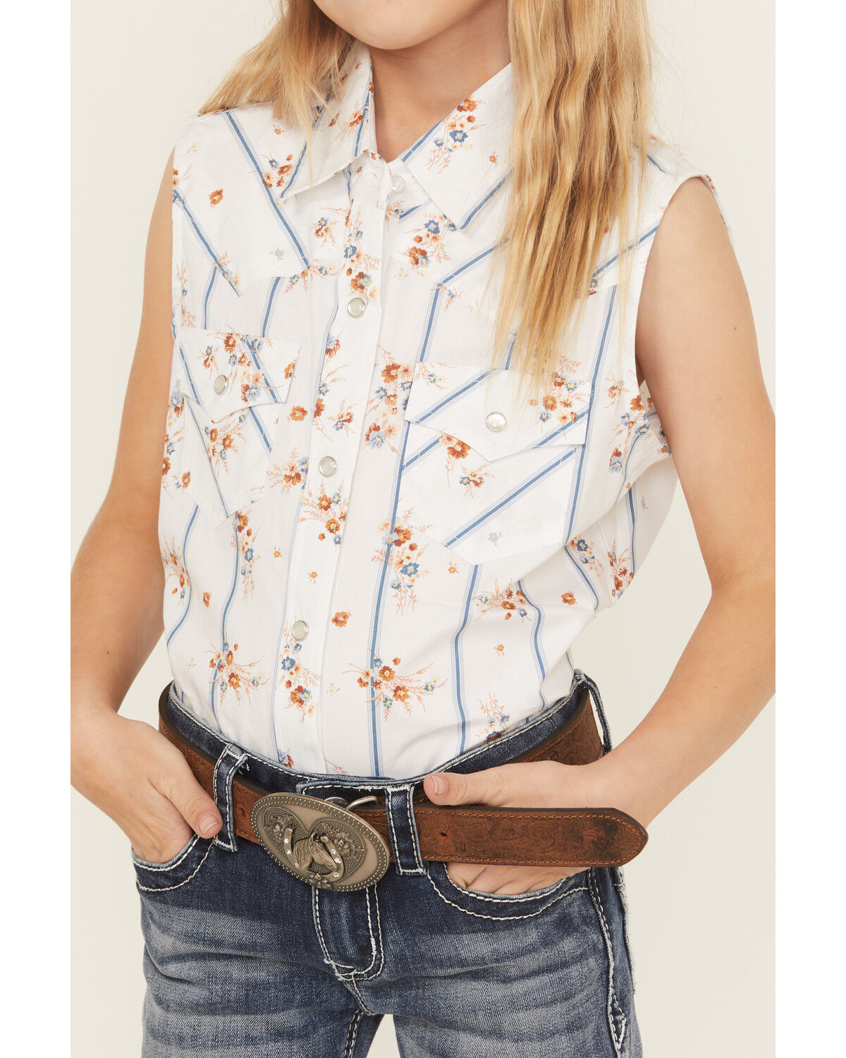 Image #3 - Ely Walker Girls' Wallpaper Floral Sleeveless Snap Western Shirt, White, hi-res