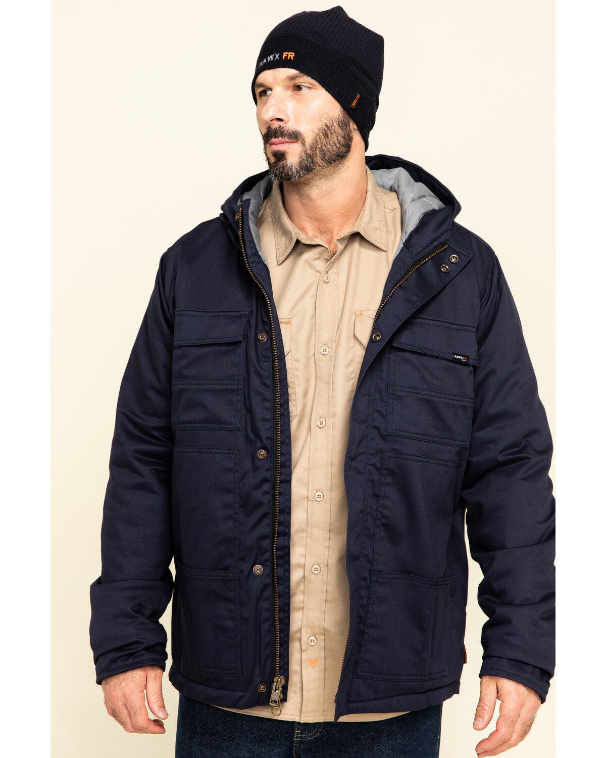 Hawx Men's FR Duck Hooded Work Jacket - Tall, Navy, hi-res