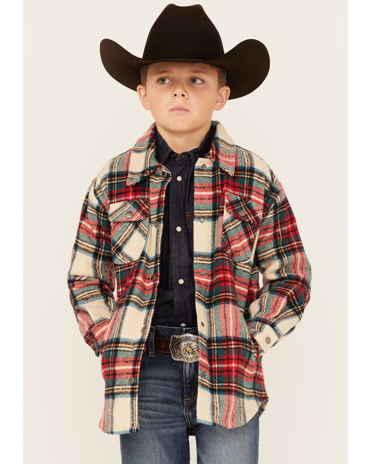 Fornia Boys' Winter Tartan Shirt Jacket, Red, hi-res