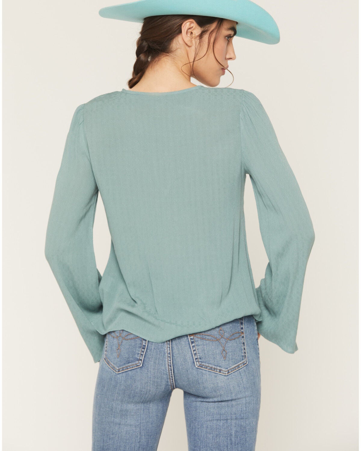 Image #5 - Shyanne Women's Long Sleeve Embroidered Trim Top, Aqua, hi-res