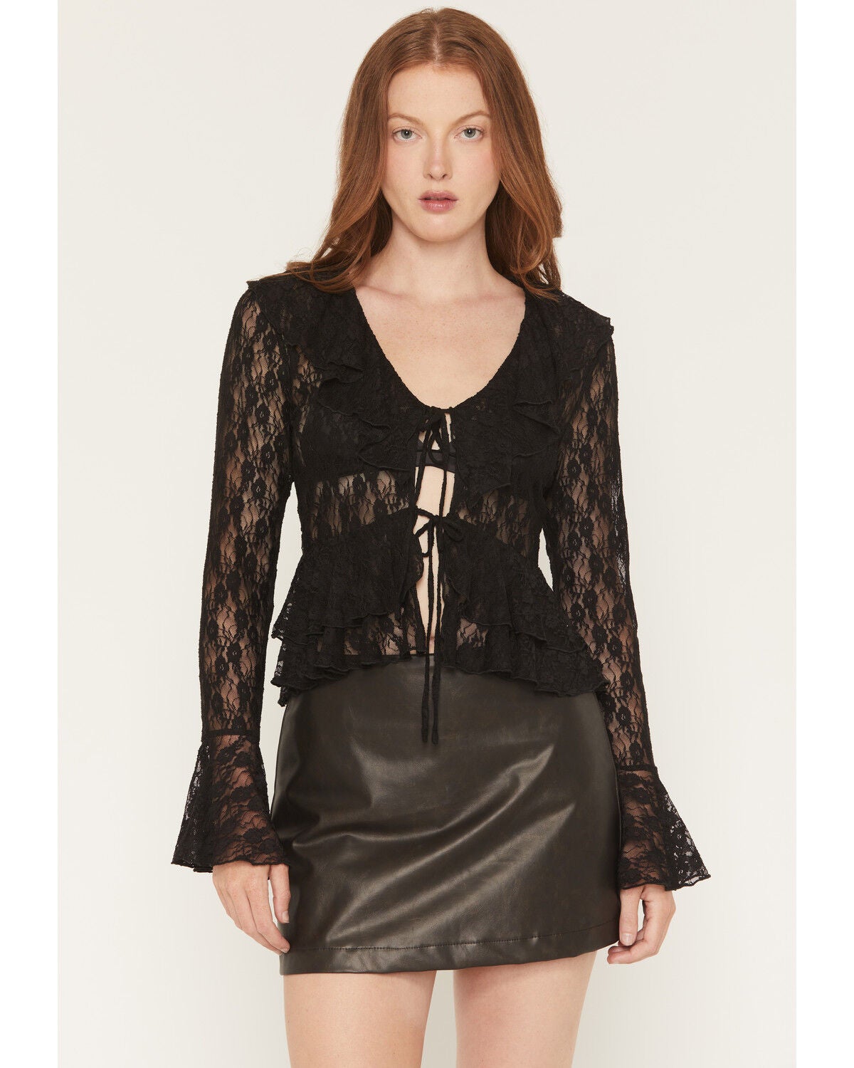Ash  & Violet Women's Lace Long Sleeve Tie-Front Top, Black, hi-res