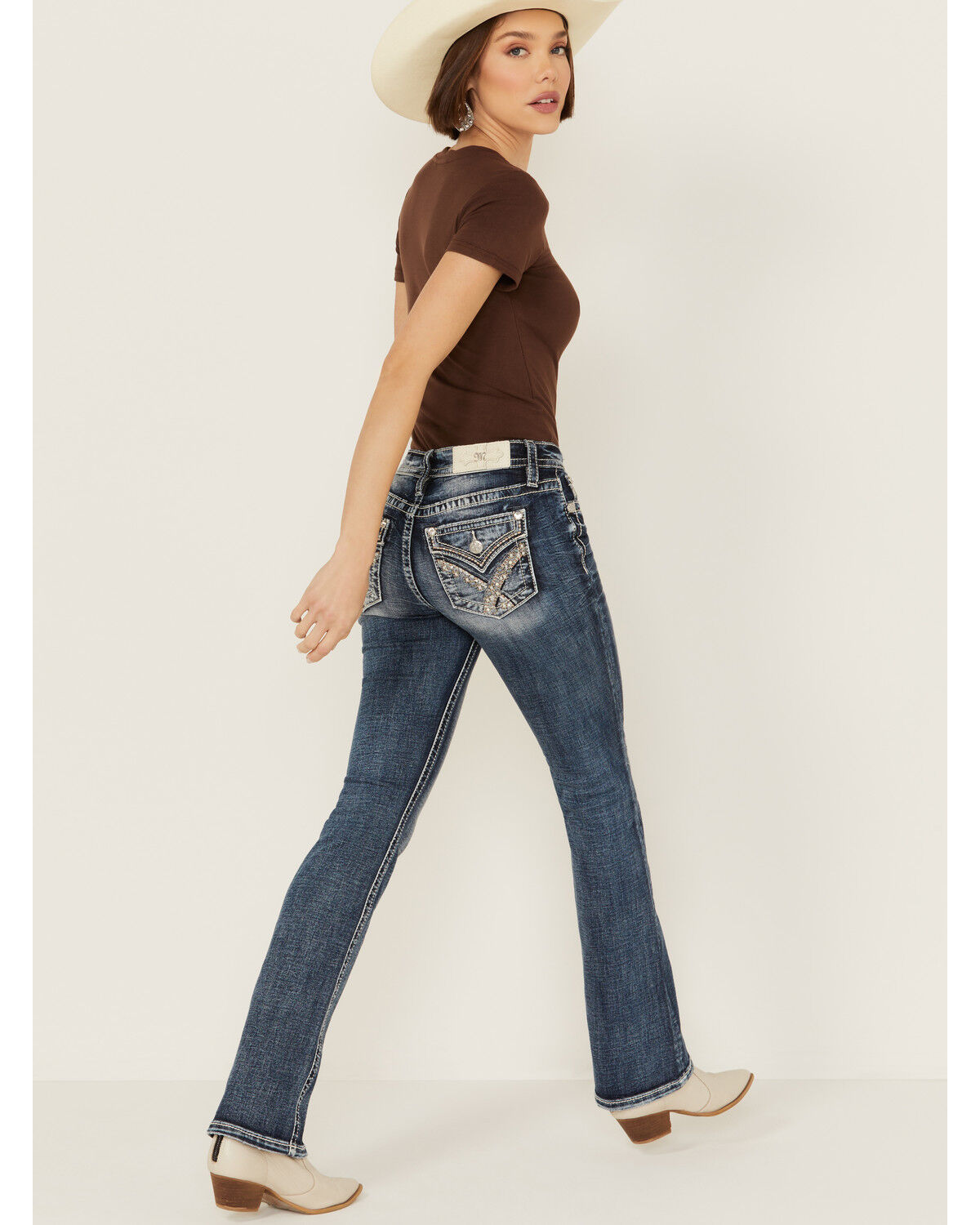 Image #1 - Miss Me Women's Dark Wash Embellished Flap Pocket Mid Rise Bootcut Stretch Denim Jeans, , hi-res
