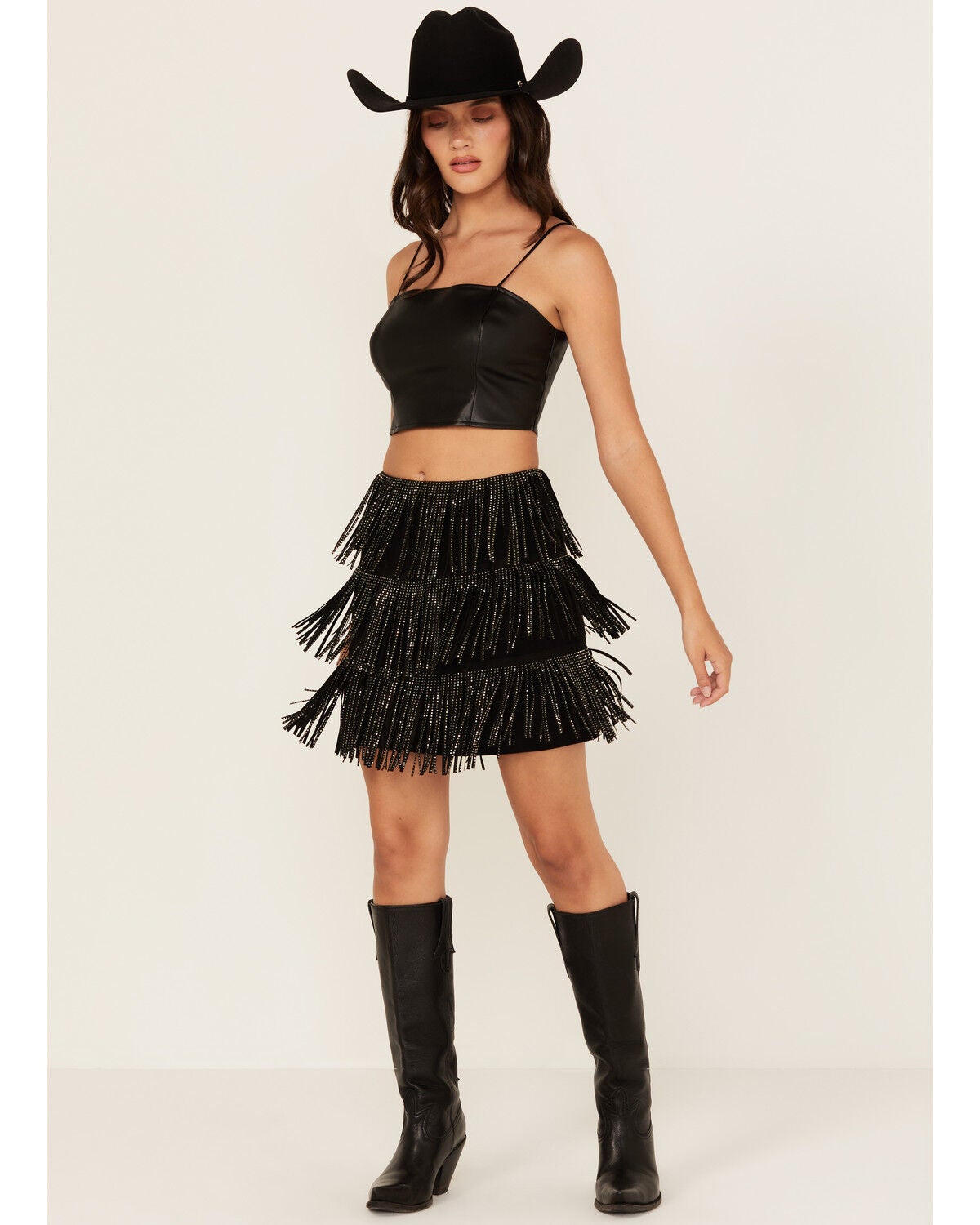 Fornia Women's Rhinestone Fringe Faux Suede Mini Skirt, Black, hi-res