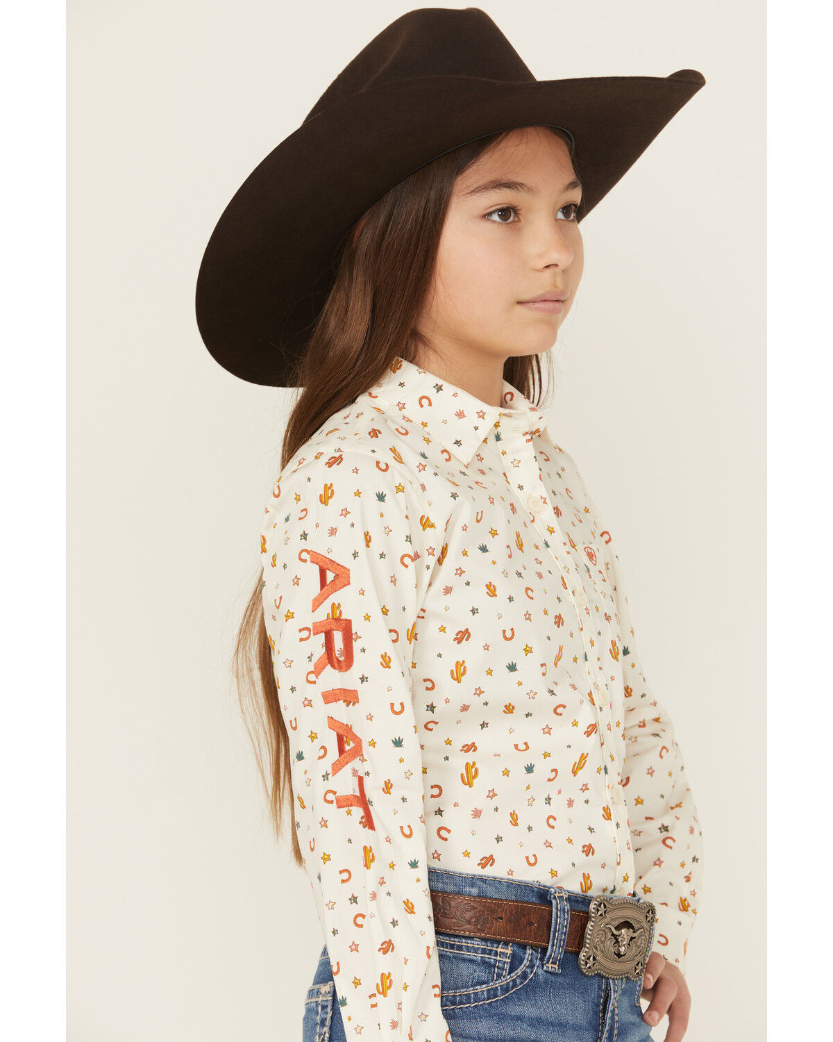 Image #2 - Ariat Girls' Sienna Conversation Print Team Long Sleeve Button-Down Stretch Western Shirt, White, hi-res