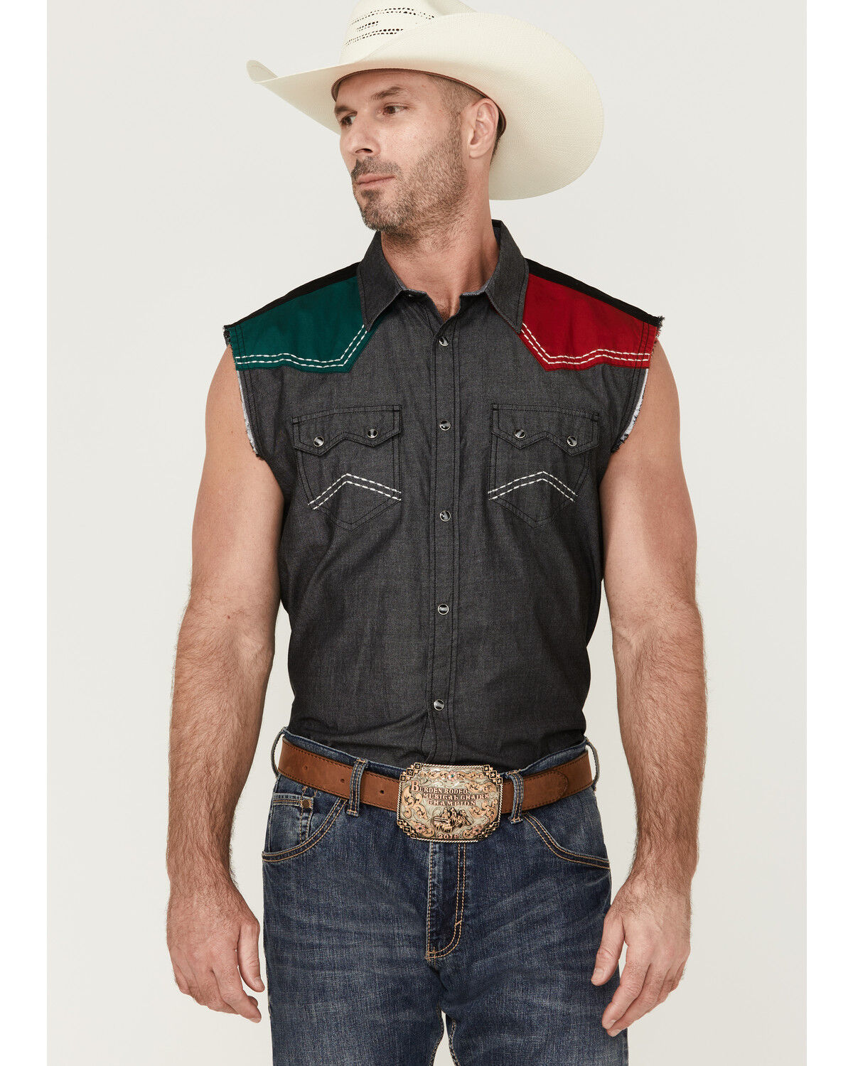 Image #1 - Cody James Men's Mexico Flag Eagle Bubba Sleeveless Snap Western Shirt, Charcoal, hi-res
