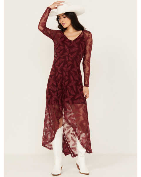 Shyanne Women's Maxi Long Sleeve Lace Dress, Maroon, hi-res