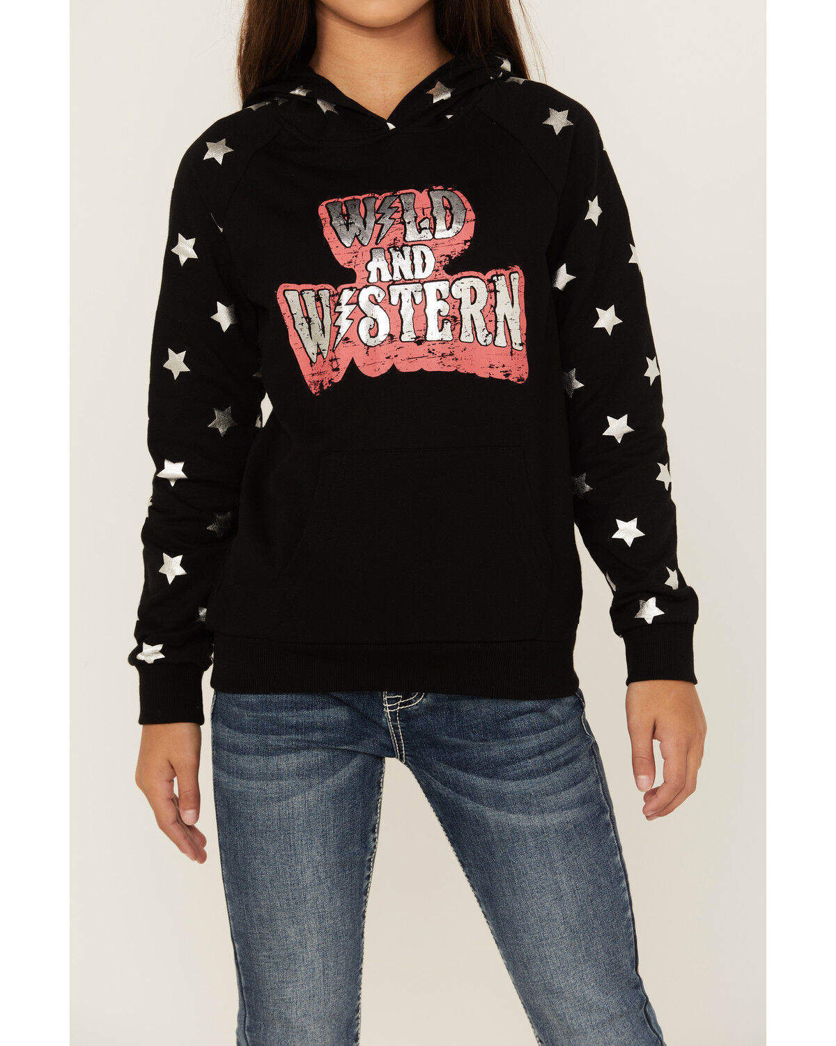 Image #3 - Rock & Roll Denim Girls' Boot Barn Exclusive Wild & Western Star Print Hoodie, Black, hi-res