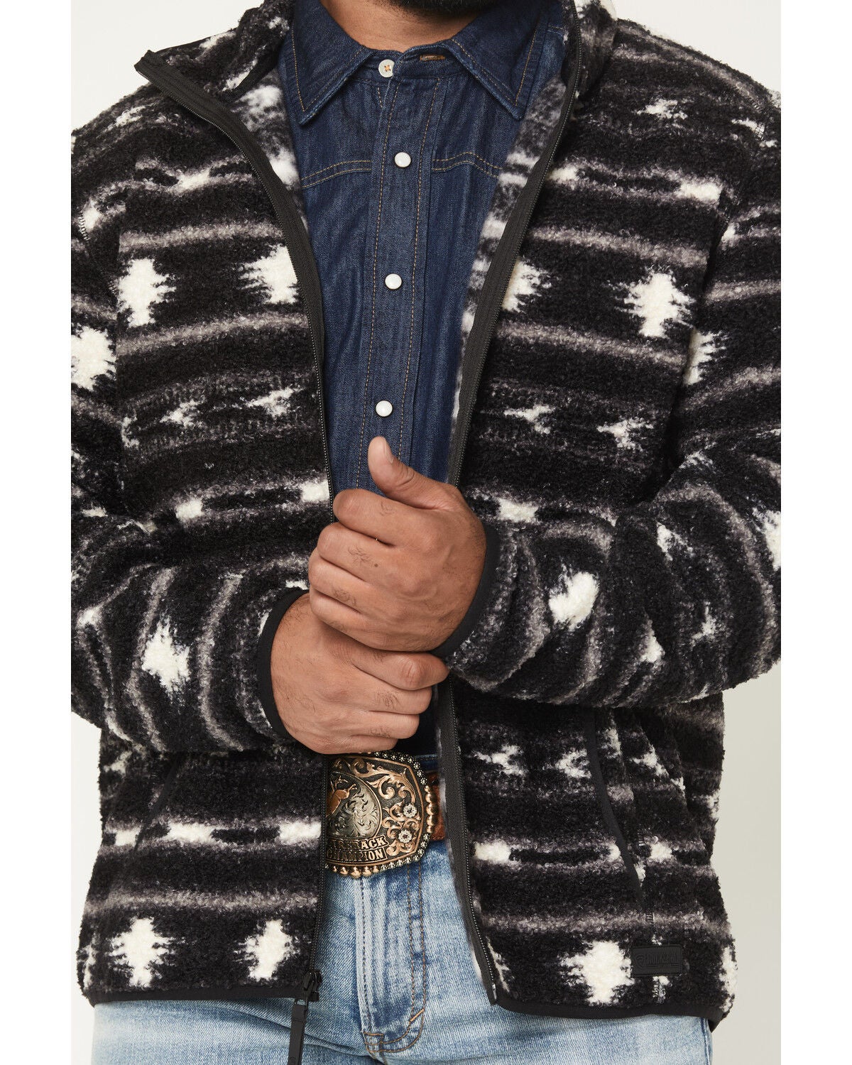 Image #3 - Rock & Roll Denim Men's Southwestern Striped Berber Jacket, Charcoal, hi-res