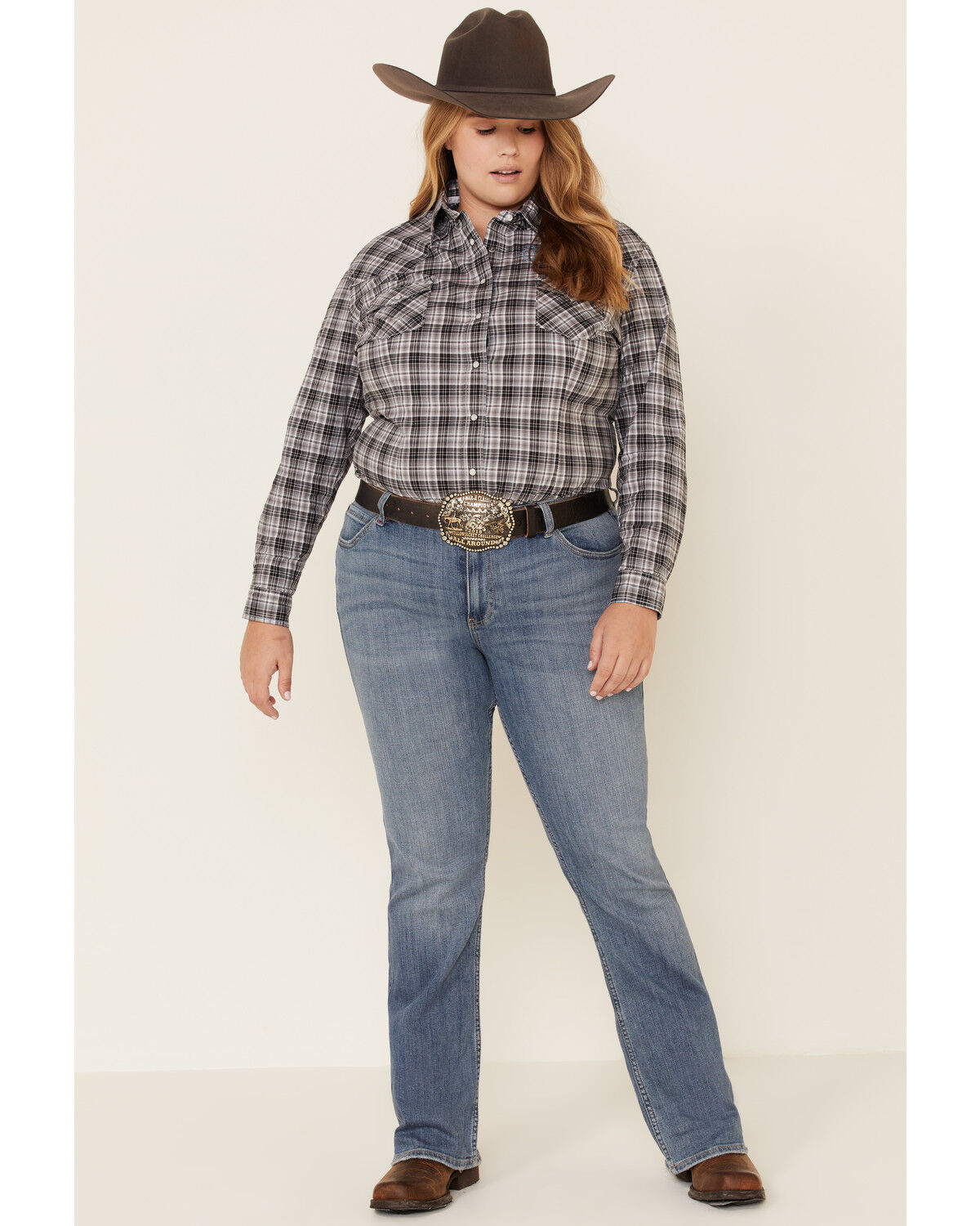 Image #2 - Rough Stock by Panhandle Women's West Bourne Plaid Print Long Sleeve Western Shirt - Plus, Black, hi-res