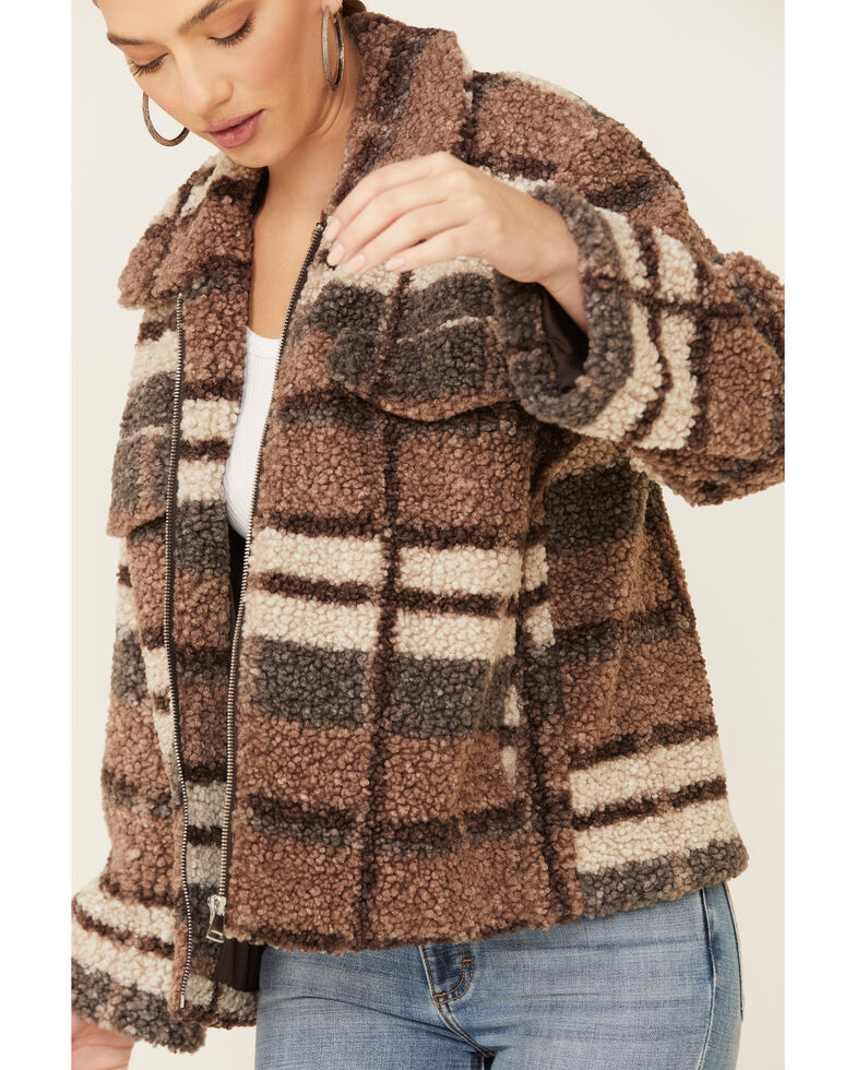 26 International Women's Brown Plaid Sherpa Lined Zip Jacket - Country