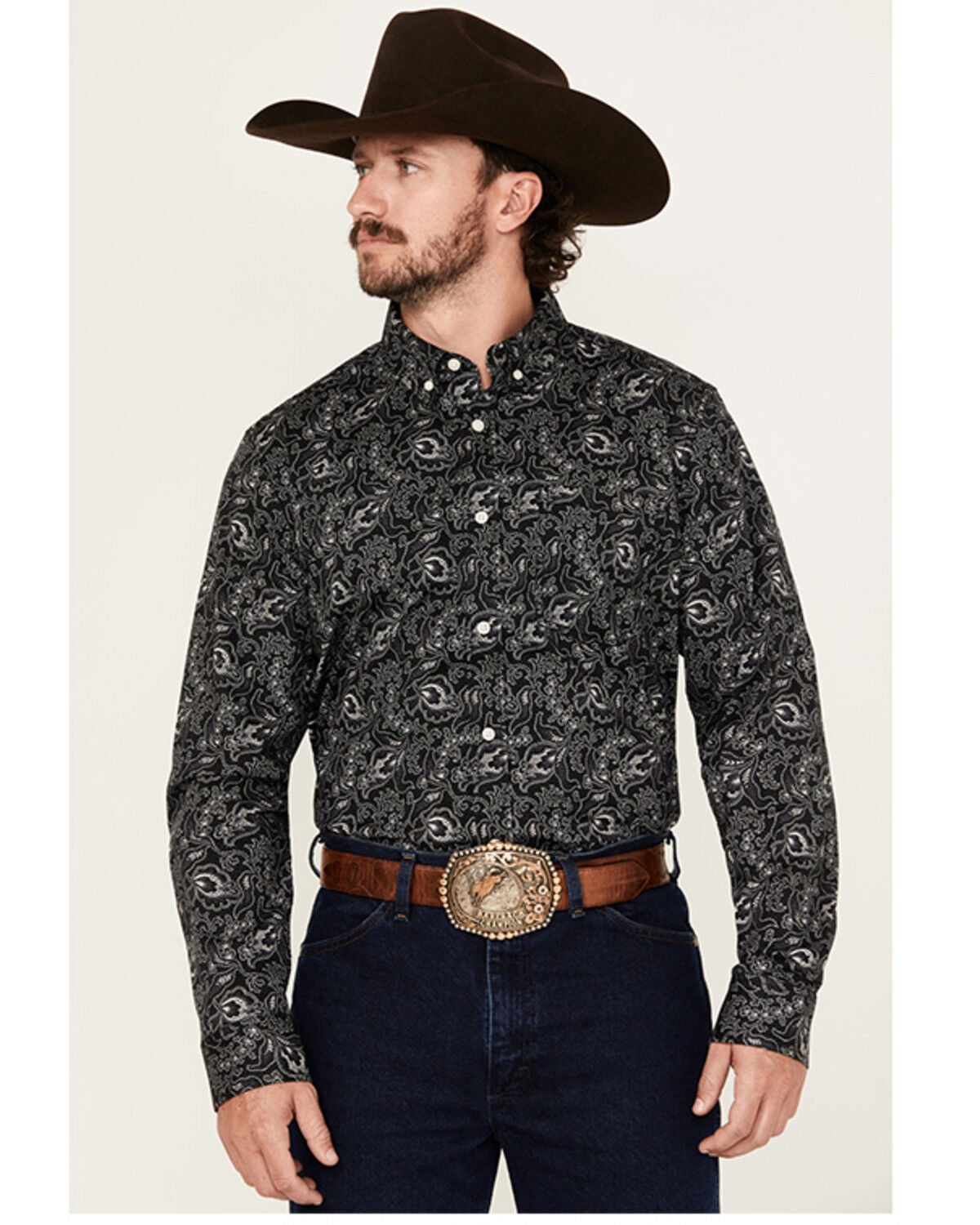 Cody James Men's Parker Paisley Print Long Sleeve Button-Down Stretch Western Shirt - Tall, Black, hi-res