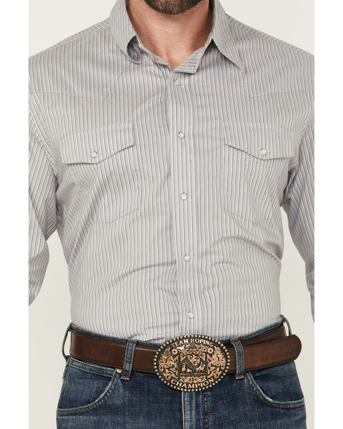 Image #3 - Wrangler Men's Wrinkle Resistant Striped Long Sleeve Snap Stretch Western Shirt, Grey, hi-res