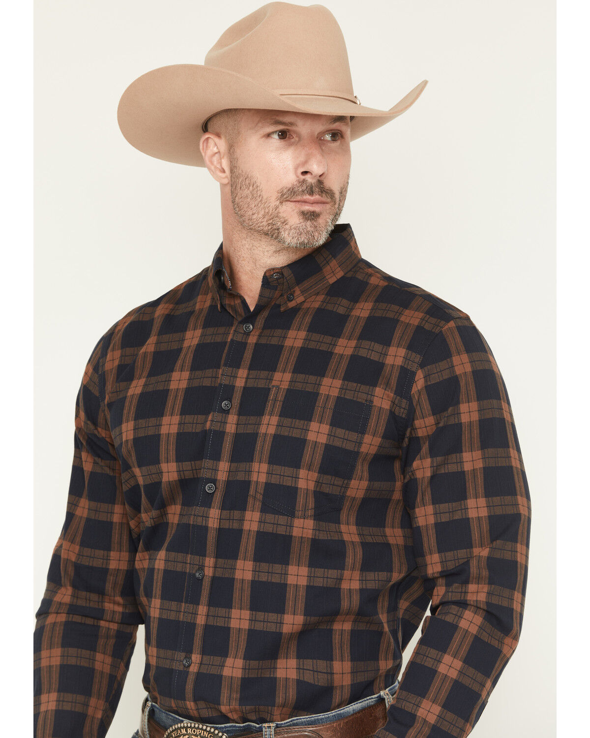 Image #2 - Cody James Men's Rodeo Frontier Plaid Print Long Sleeve Button-Down Stretch Western Shirt, Navy, hi-res