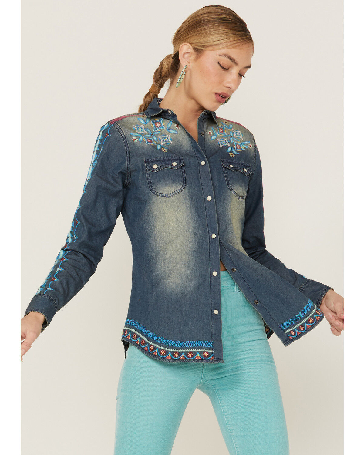 Image #1 - Tasha Polizzi Women's Rayna Southwestern Embroidered Denim Shirt, Blue, hi-res