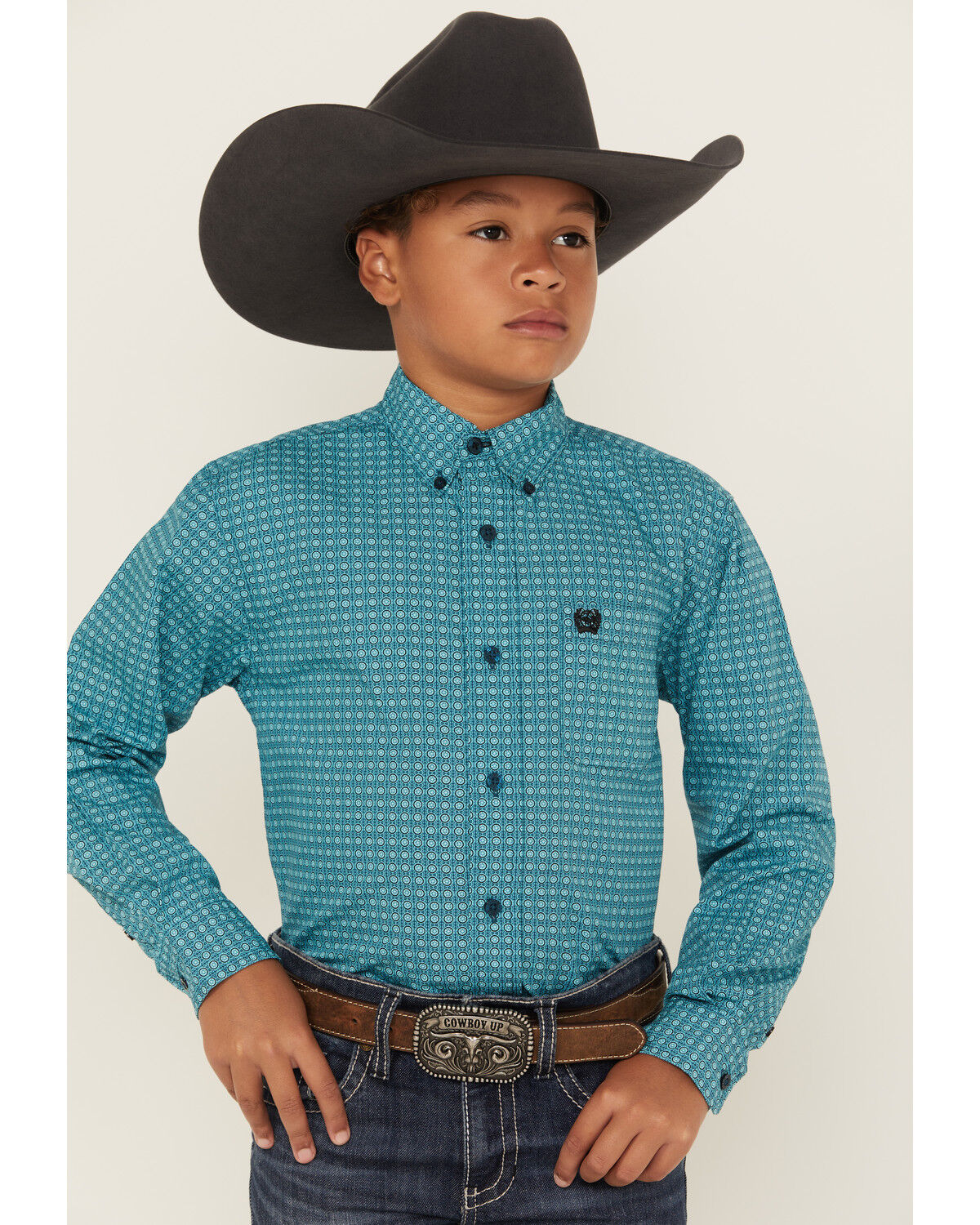 Image #1 - Cinch Boys' Printed Long Sleeve Button-Down Western Shirt, Turquoise, hi-res