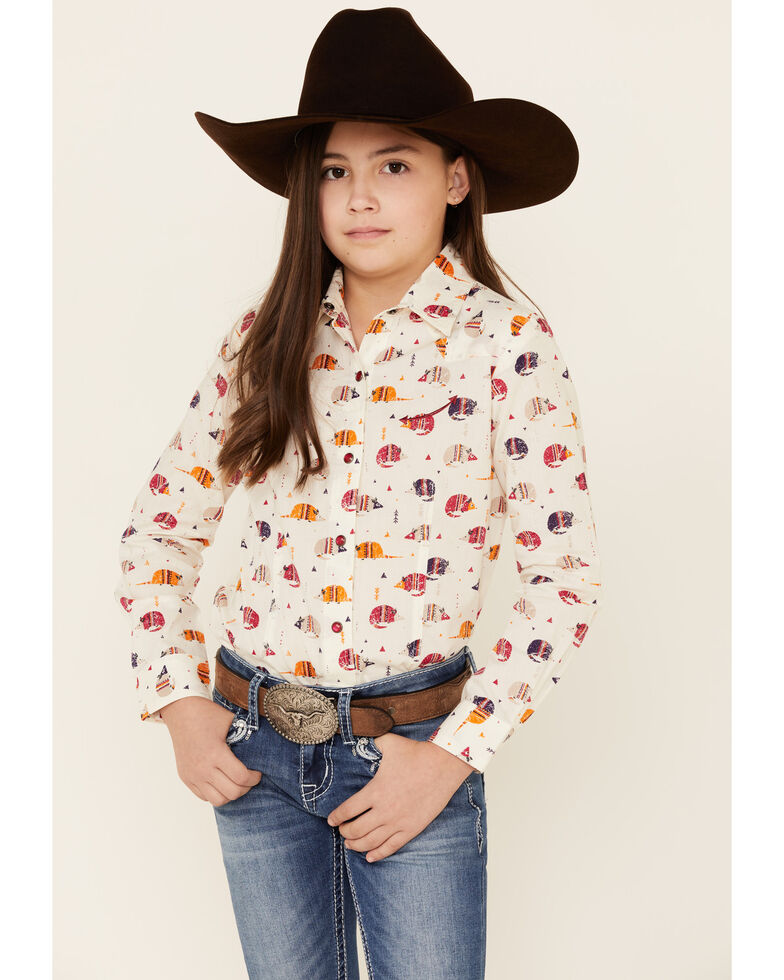 Cruel Girl Girls' Cream Armadillo Print Snap Long Sleeve Western Shirt , Cream, hi-res
