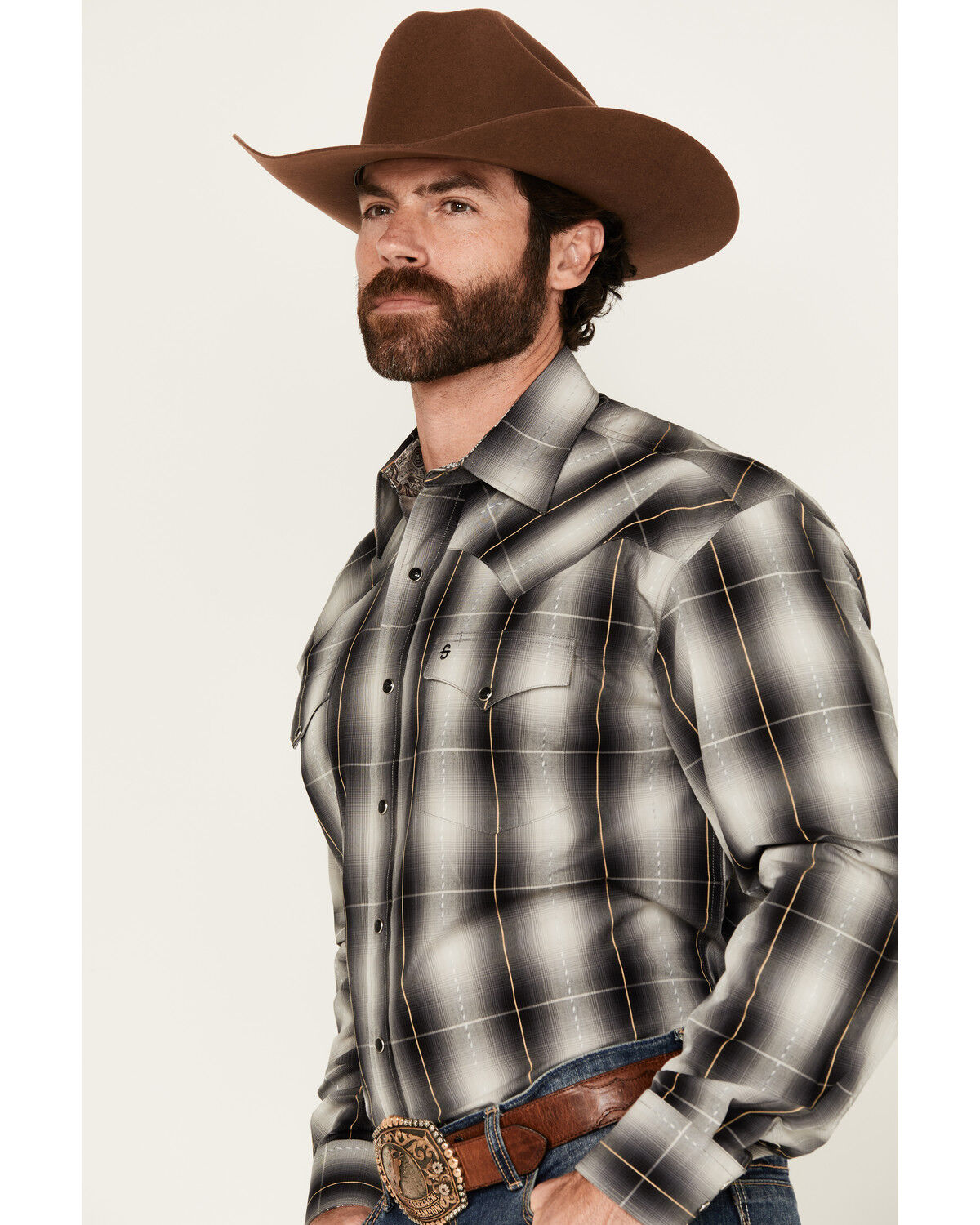 Image #2 - Stetson Men's Plaid Print Long Sleeve Pearl Snap Western Shirt, Black, hi-res