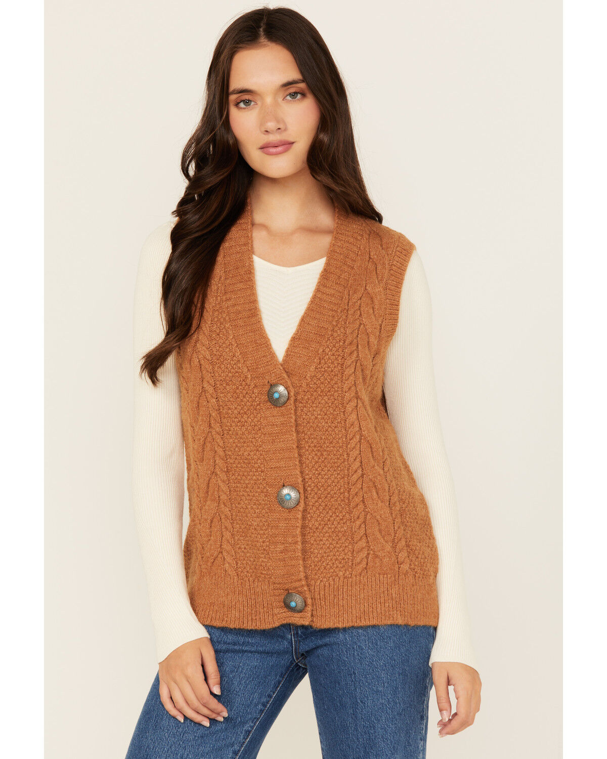 Image #1 - Cotton & Rye Women's Novelty Pun Cable Knit Vest, Caramel, hi-res
