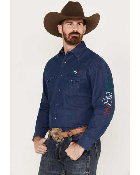 Image #1 - Wrangler Men's Mexico Flag Embroidered Logo Long Sleeve Western Snap Shirt, Indigo, hi-res