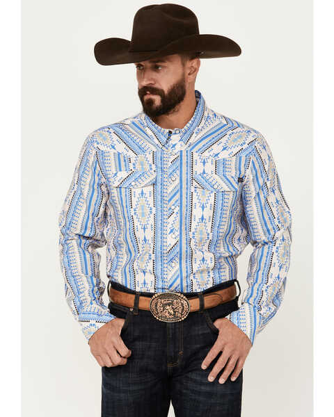 Rock & Roll Denim Men's Southwestern Print Vintage Long Sleeve Pearl Snap Performance Western Shirt, Blue, hi-res