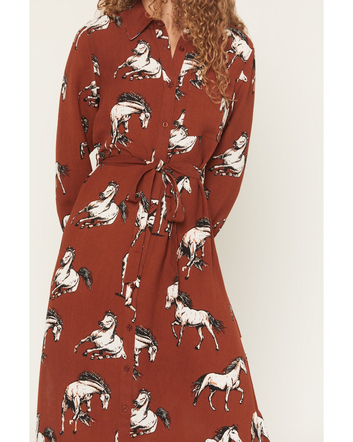 Image #3 - Cotton & Rye Women's Boot Barn Exclusive Horse Print Waist Tie Midi Dress, Black, hi-res