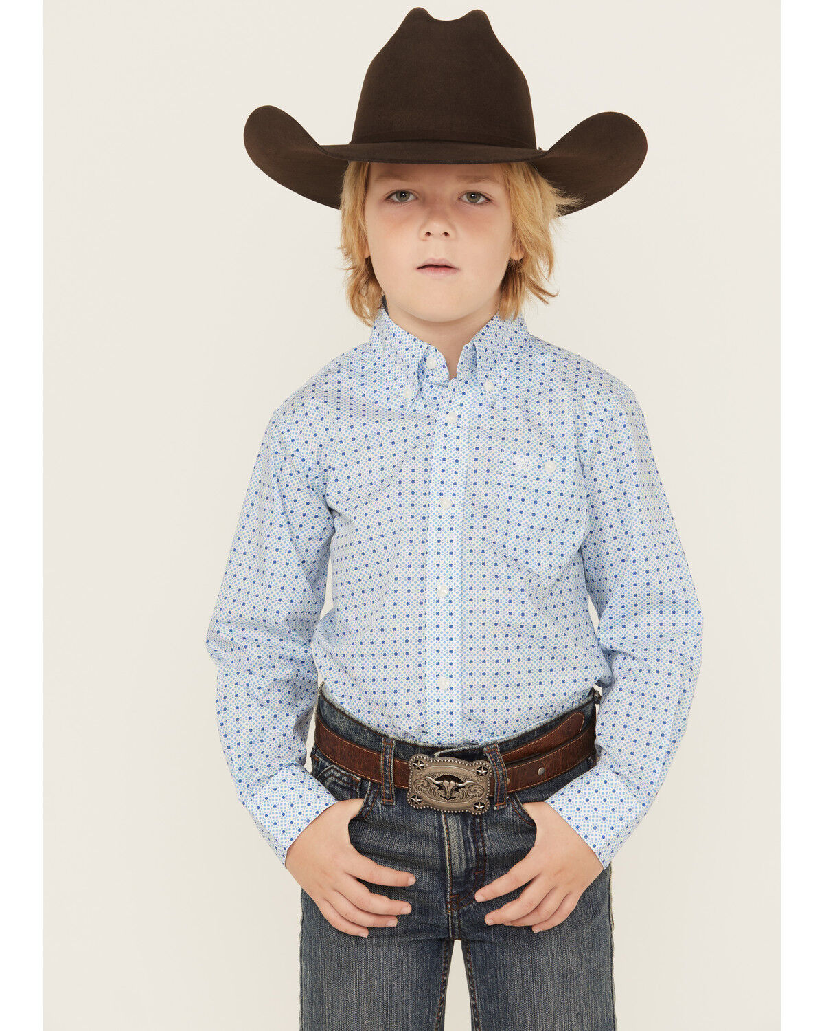 Image #1 - Wrangler Boys' Dotted Long Sleeve Button-Down Stretch Western Shirt, Blue, hi-res