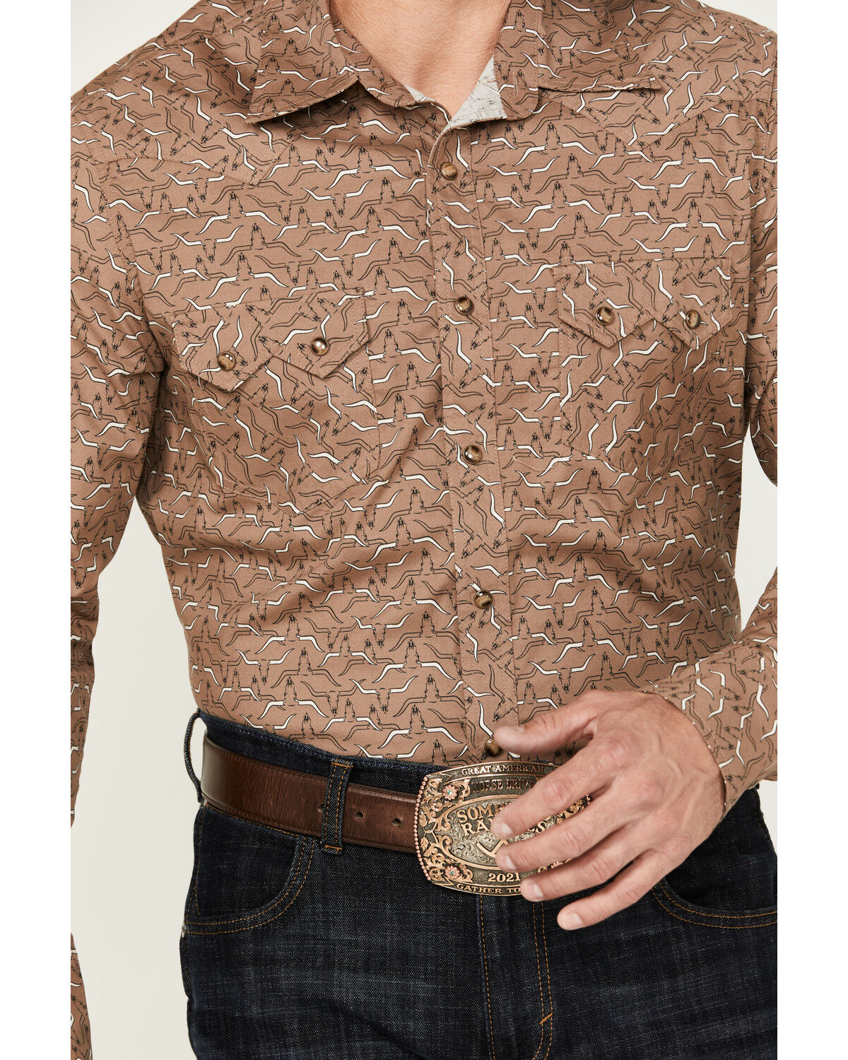 Image #3 - Rock & Roll Denim Men's Longhorn Print Long Sleeve Pearl Snap Stretch Western Shirt, Brown, hi-res