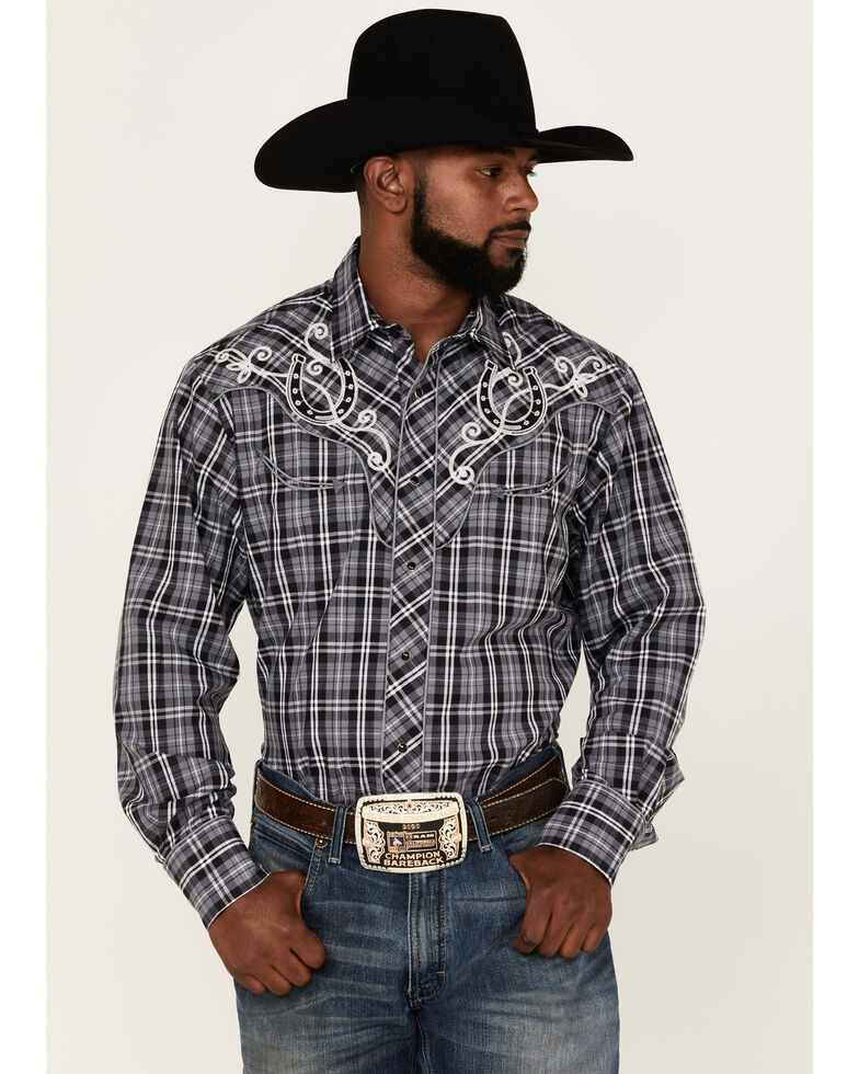 Roper Men's Embroidered Horseshoe Large Plaid Long Sleeve Snap Western Shirt , Grey, hi-res