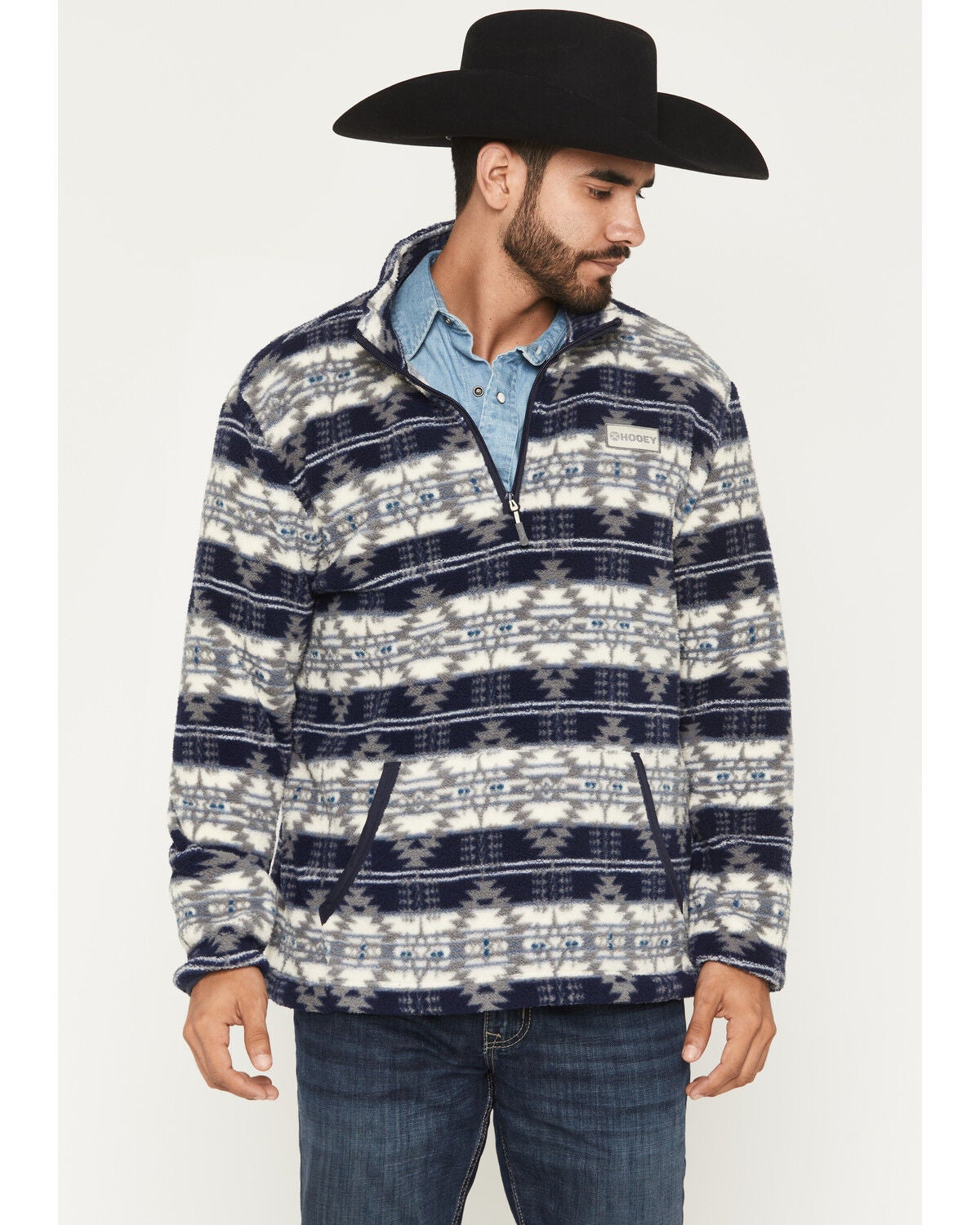 Image #1 - Hooey Men's Bear Southwestern Print Fleece 1/4 Zip Pullover, Navy, hi-res