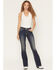 Image #3 - Miss Me Women's Dark Wash Mid Rise Cow Print Pocket 32" Bootcut Stretch Denim Jeans, Dark Wash, hi-res