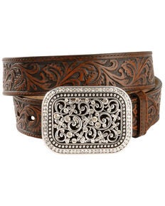 Ariat Women's Floral Stitch Berry Concho Belt, Brown, Large