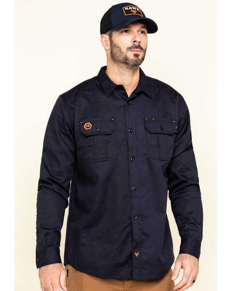 Hawx Men's FR Long Sleeve Button-Down Work Shirt, Navy, hi-res