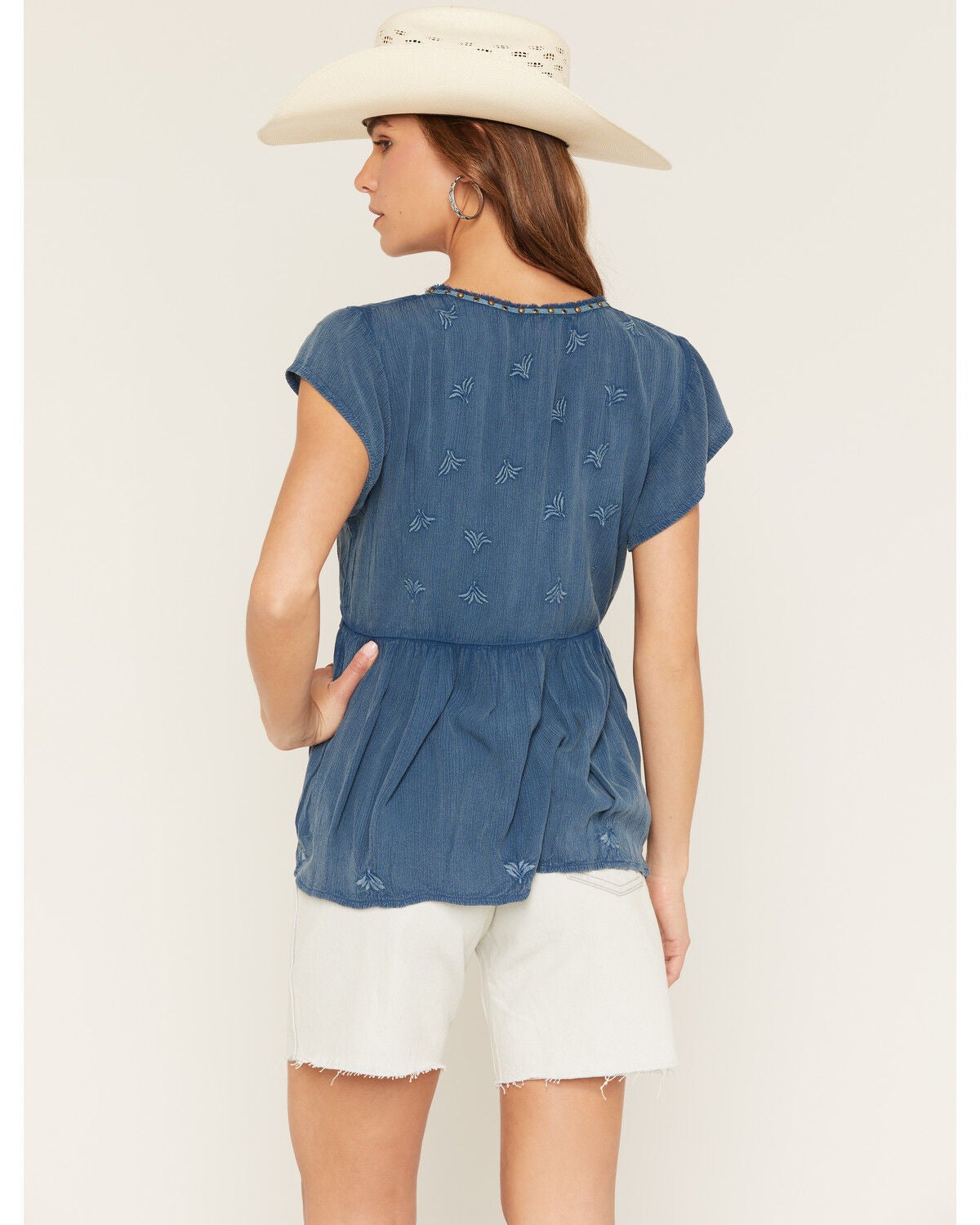 Image #4 - Shyanne Women's Embroidered Short Flutter Sleeve Shirt, Deep Blue, hi-res