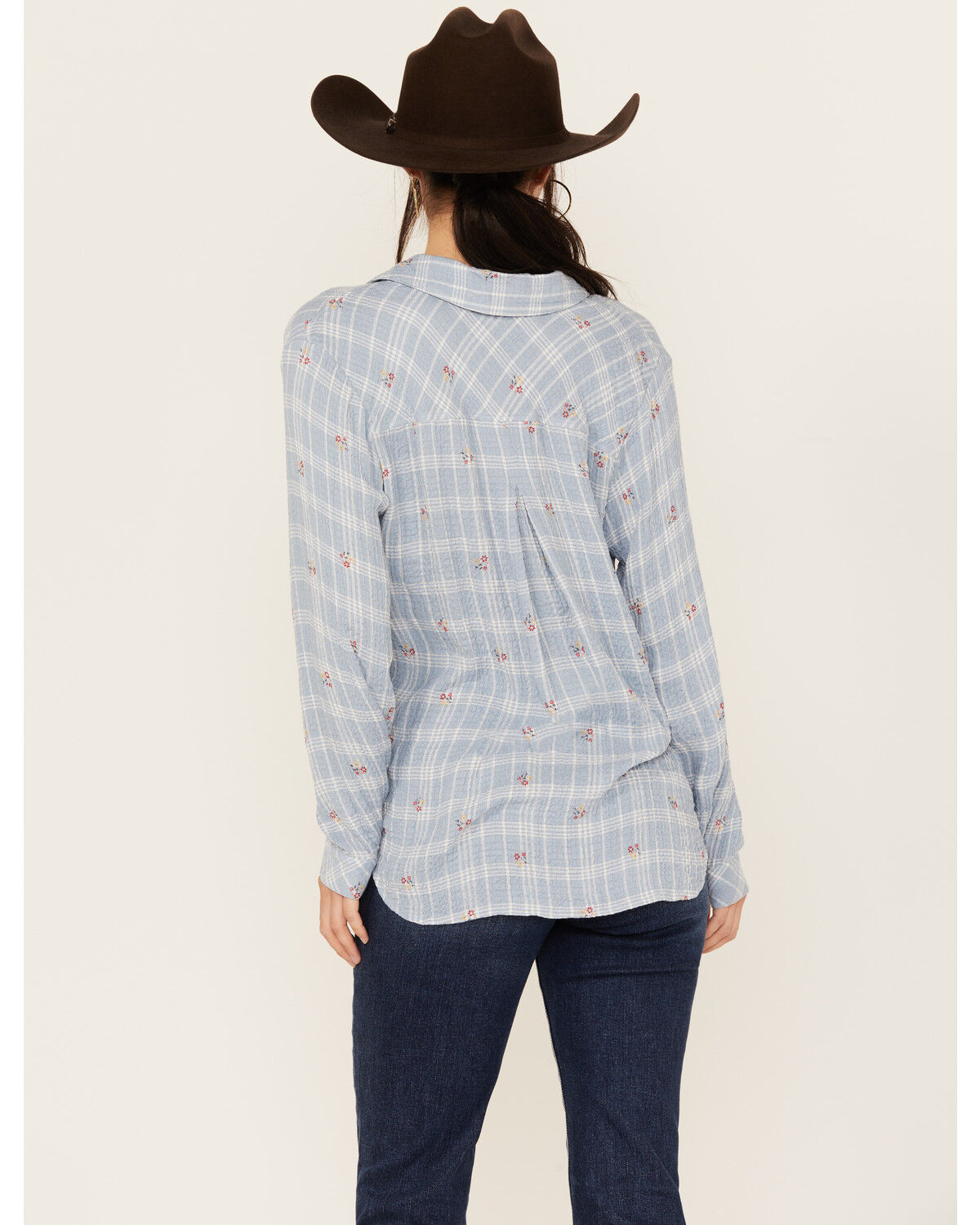 Image #4 - Beyond The Radar Women's Plaid Print Floral Long Sleeve Button-Down Shirt, Blue, hi-res