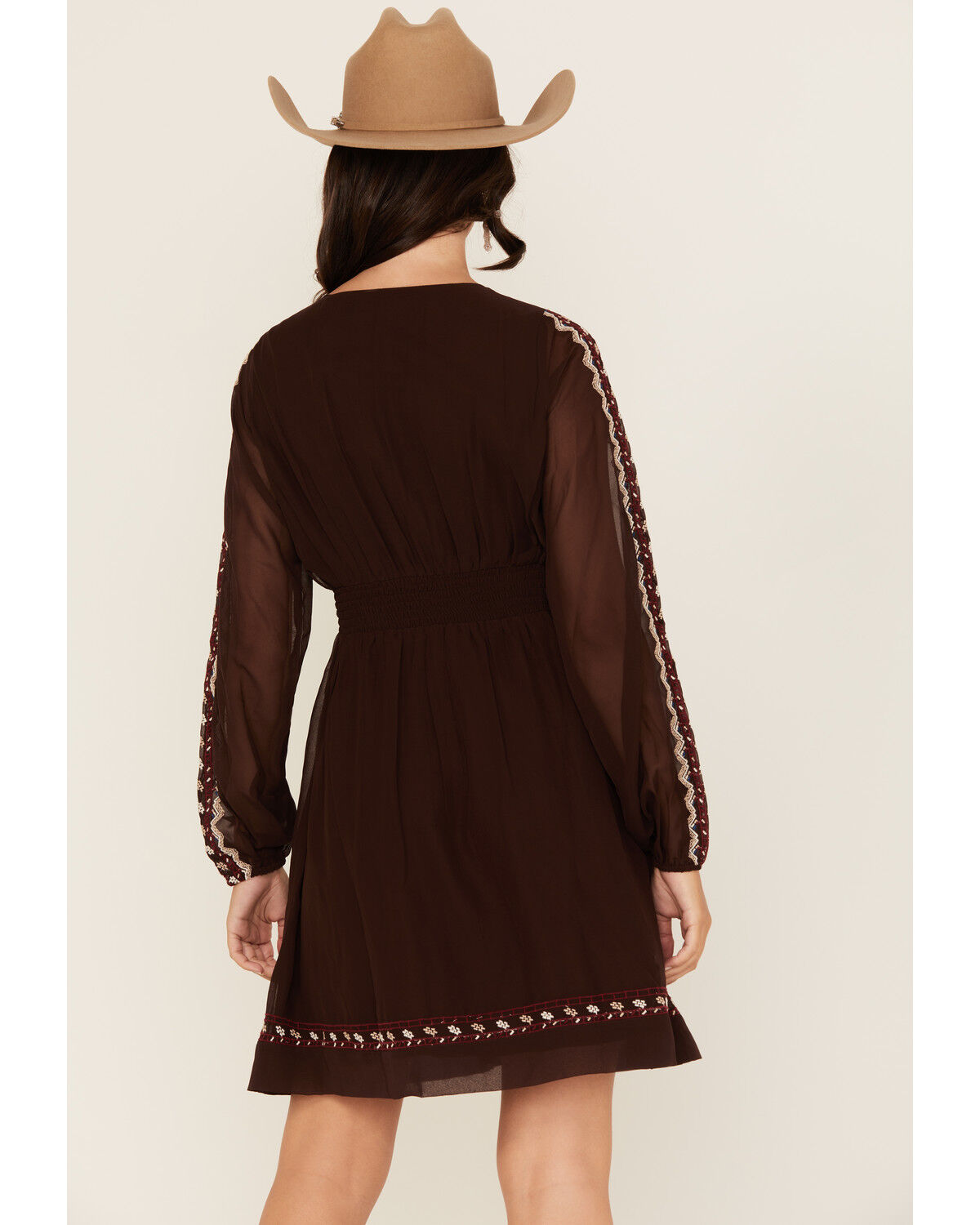 Image #4 - Shyanne Women's Georgette Embroidered Long Sleeve Mini Dress, Chocolate, hi-res