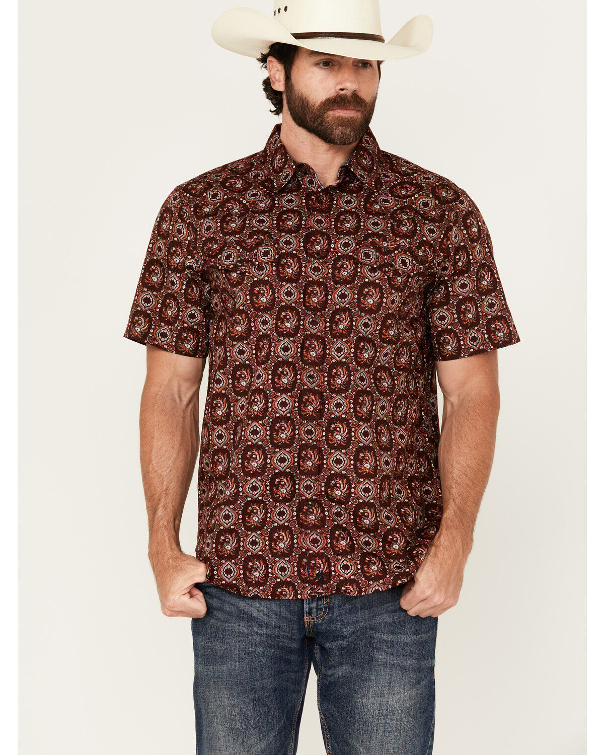 Image #1 - Moonshine Spirit Men's Gig Medallion Print Short Sleeve Snap Western Shirt, Burgundy, hi-res