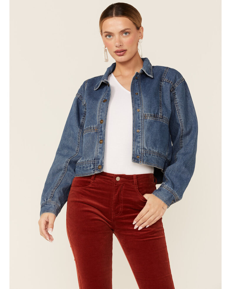 Boom Boom Jeans Medium Wash Seam Pocket Snap-Front Short Denim Jacket , Blue, hi-res