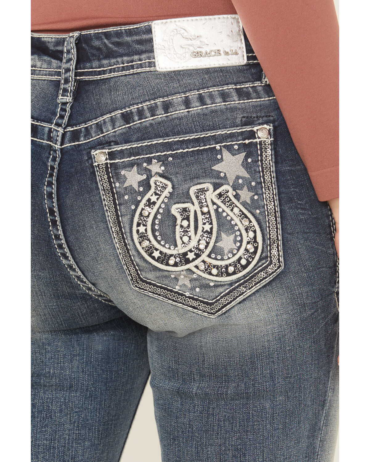 Image #2 - Grace In LA Women's Medium Wash Mid Rise Star Horseshoe Bootcut Stretch Denim Jeans, Medium Wash, hi-res