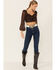 Image #4 - Lush Women's Lace Trim Rose Long Sleeve Crop Blouse, Black, hi-res