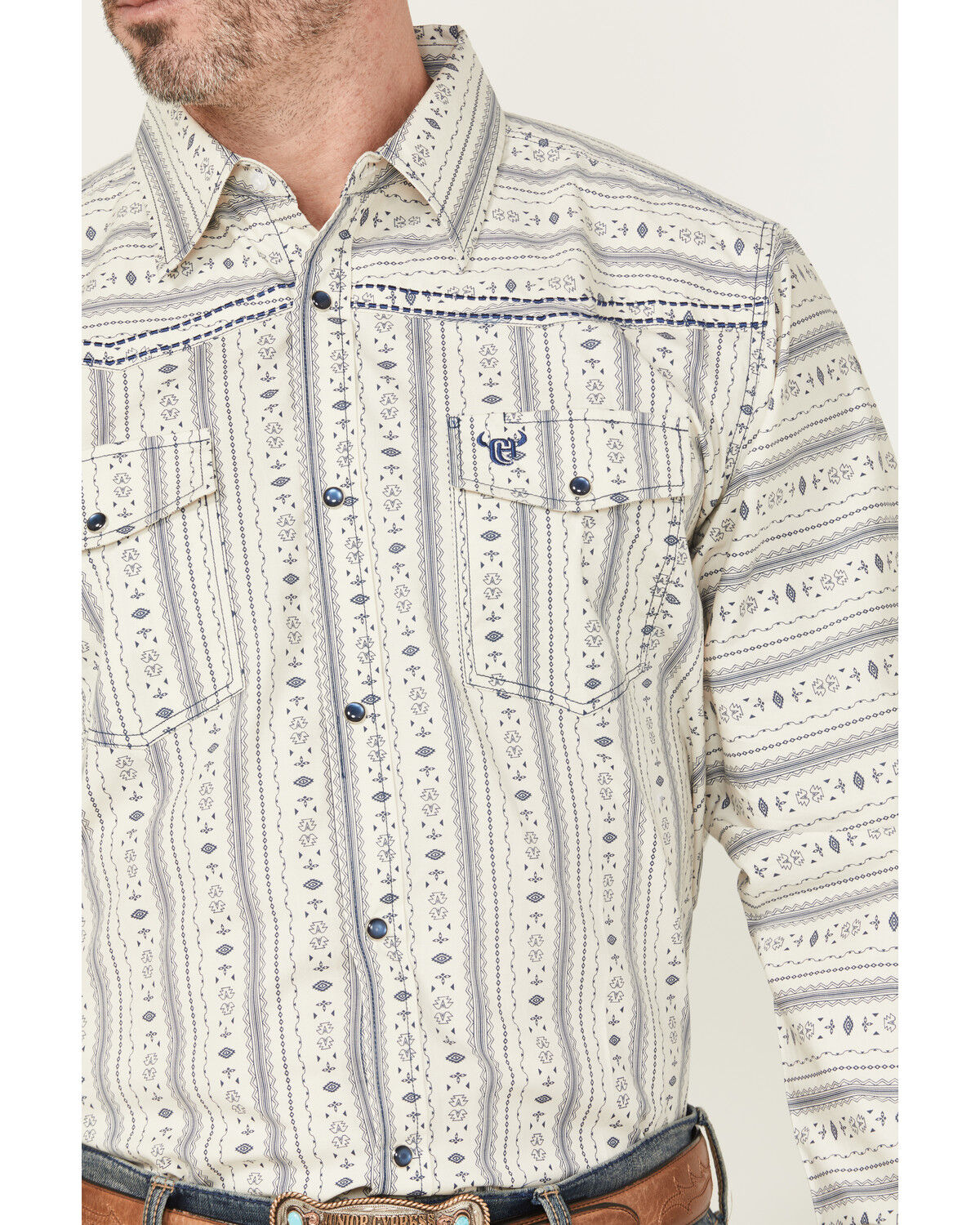 Image #3 - Cowboy Hardware Men's Southwestern Striped Print Long Sleeve Snap Stretch Western Shirt, Cream, hi-res