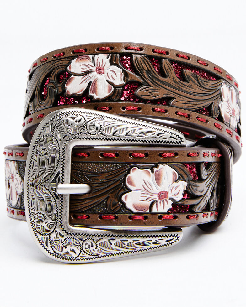 Shyanne Girls' Tooled Floral Pink Glitter Underlay Belt, Brown, hi-res