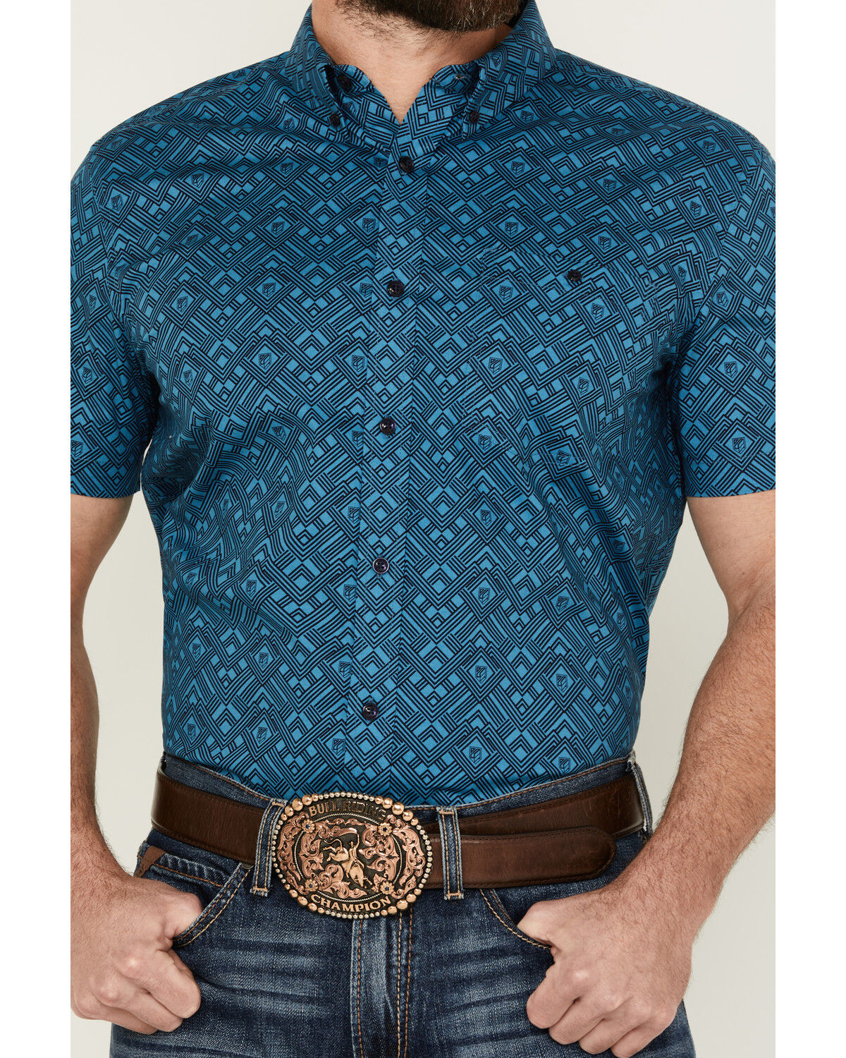 Image #3 - RANK 45® Men's Interlock Plains Abstract Geo Print Short Sleeve Button-Down Stretch Western Shirt, Medium Blue, hi-res