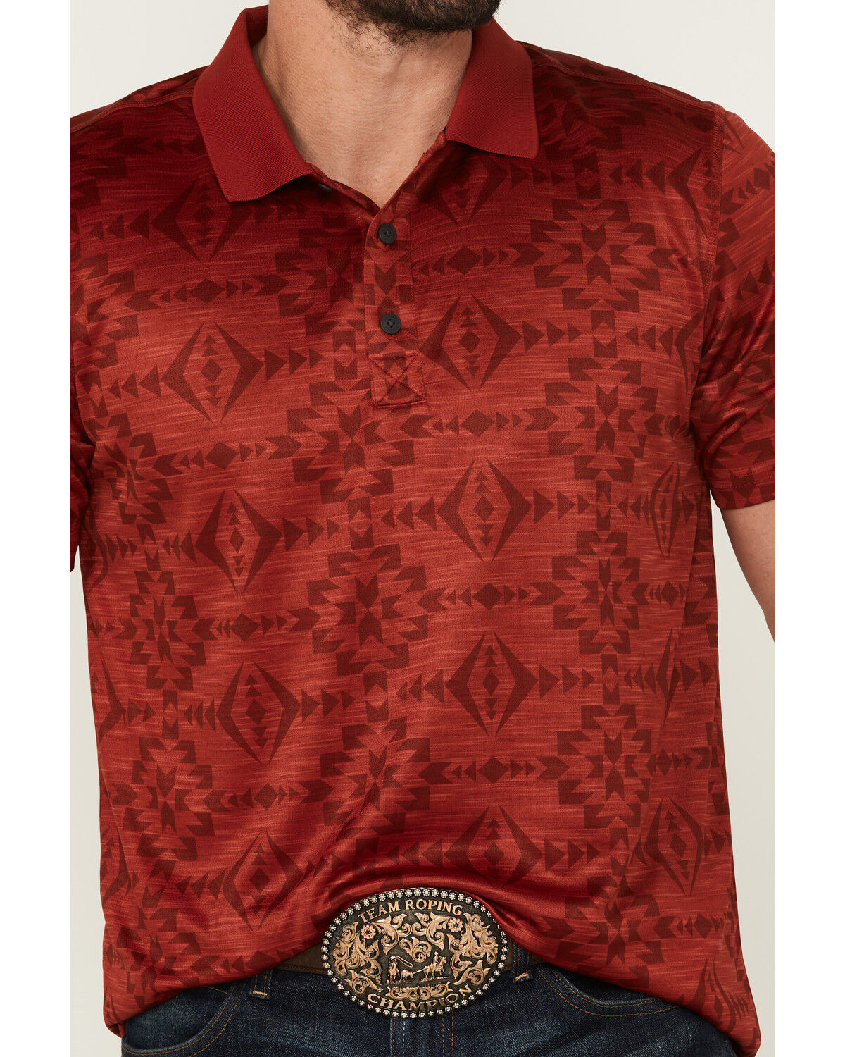 Image #3 - RANK 45® Men's Stock Tonal Southwestern Print Short Sleeve Button-Down Polo Shirt, Red, hi-res