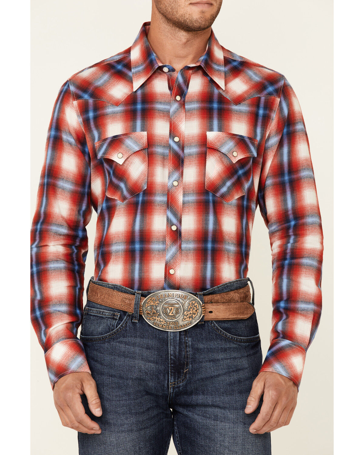 Image #3 - Rock & Roll Denim Men's Red Large Yarndye Plaid Long Sleeve Snap Western Shirt, Red, hi-res