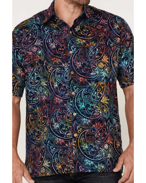 Image #3 - Scully Men's Paisley Floral Print Short Sleeve Button Down Western Shirt , Dark Blue, hi-res