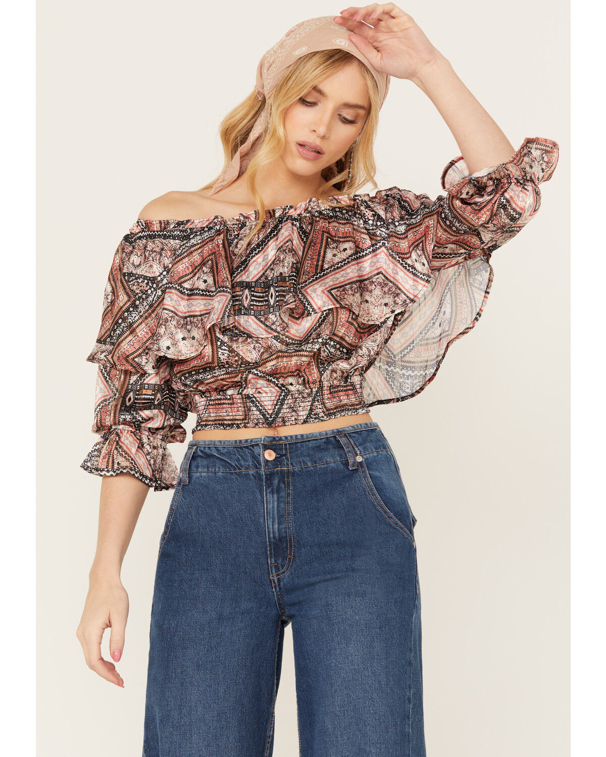 Image #2 - Shyanne Women's Ruffle Off Shoulder Chiffon Top, Pecan, hi-res
